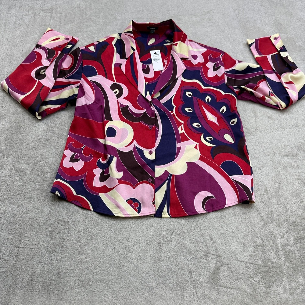 Express Button Up Blouse Womens Small Red Multi Paisley Abstract Satin Top Retro